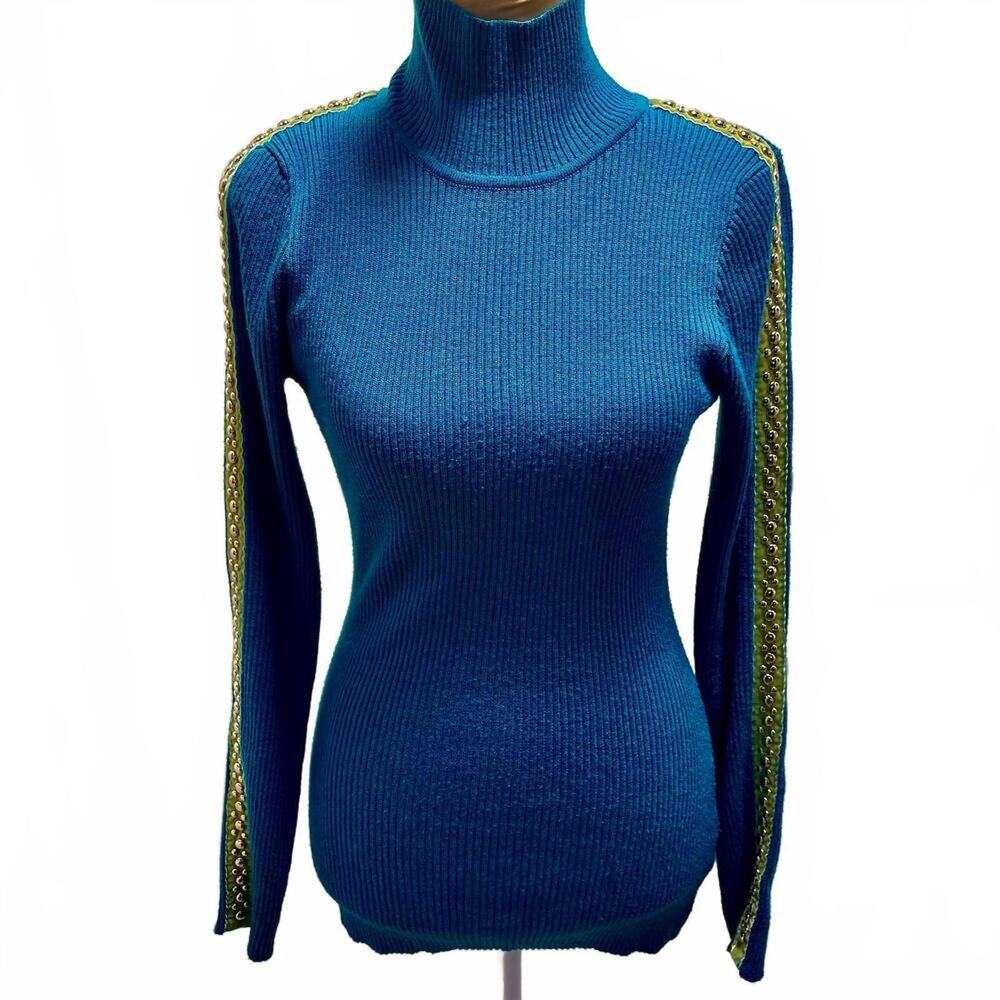 Vintage Y2K CACHE Ribbed Stretch Knit Studded Velvet Turtleneck Top Teal Retro